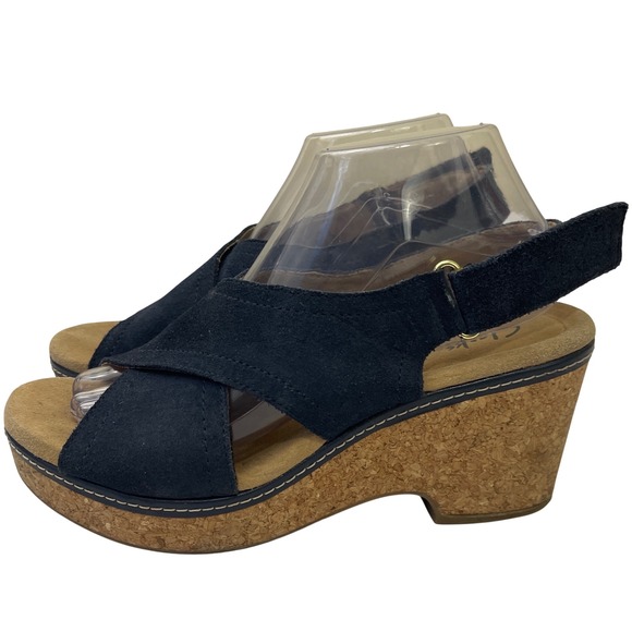 Clarks Collection Shoes - Clarks Giselle Cove Navy Blue Suede Leather Cork Wedge Sandals Women Size 9